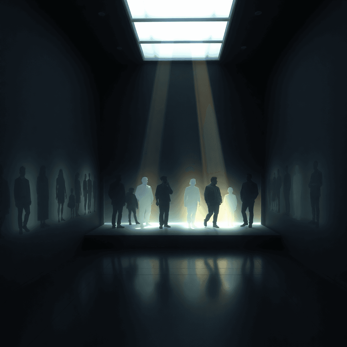 Dimly lit museum gallery with abstract holographic silhouettes and soft beams of light symbolizing hope in a dark, minimalist setting.