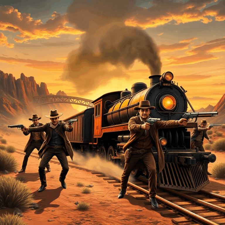 Four gunslingers in action around a speeding steam train in a desert with rocky cliffs, a collapsing bridge, and a dramatic sunset sky.