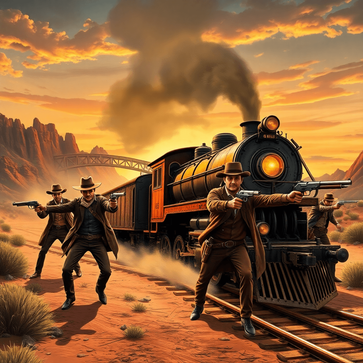 Four gunslingers in action around a speeding steam train in a desert with rocky cliffs, a collapsing bridge, and a dramatic sunset sky.