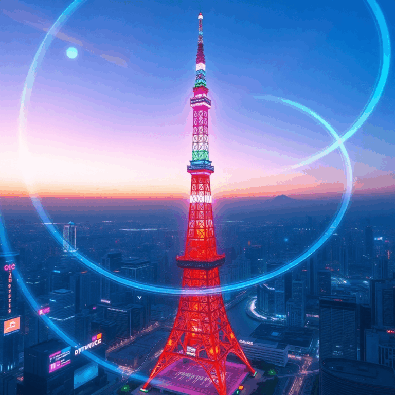 Futuristic Tokyo Tower glowing with neon lights, surrounded by holographic AR and VR elements, set against a modern cityscape under a twilight sky.