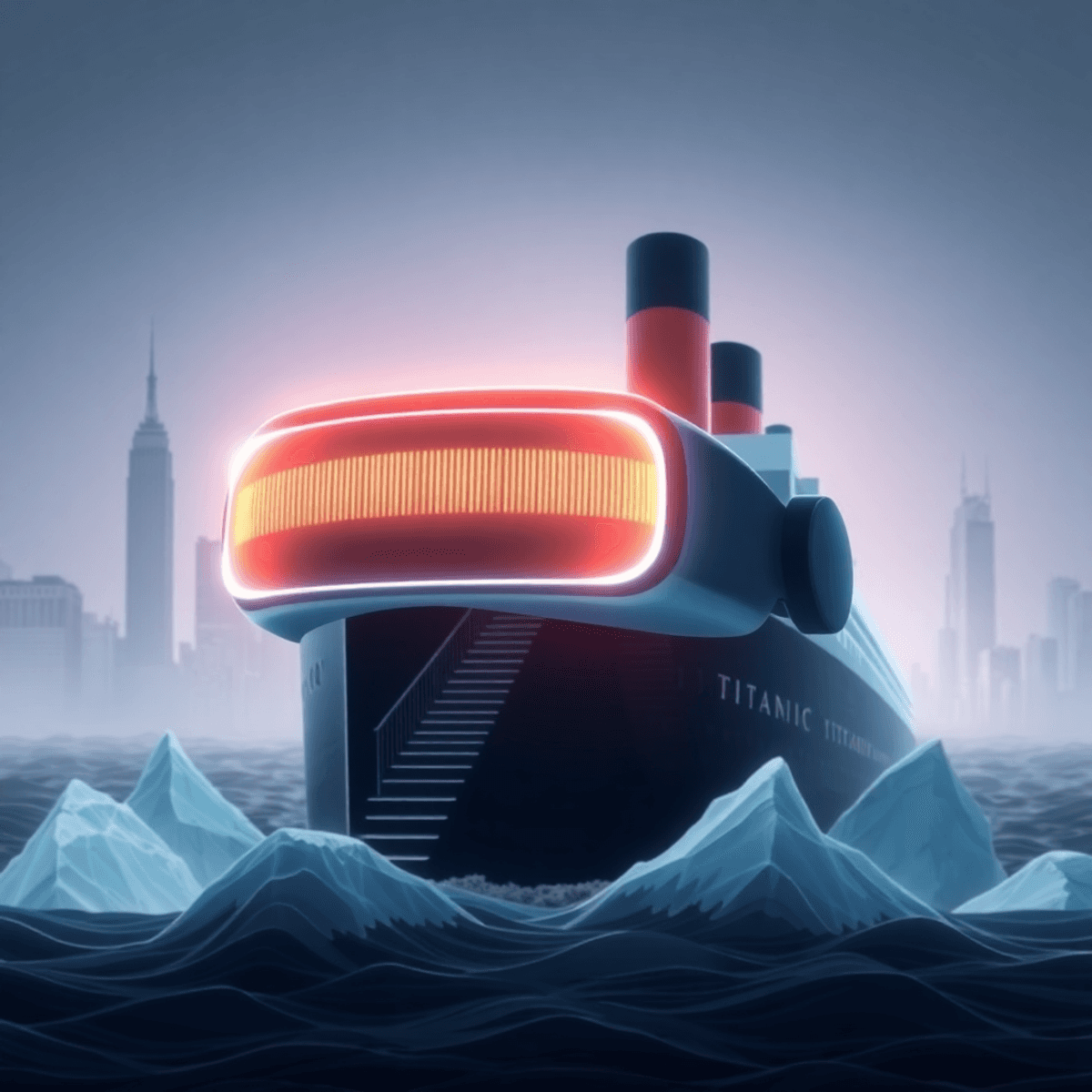 Futuristic VR headset glowing softly with ghostly outlines of the Titanic's Grand Staircase and bridge, set against Manhattan cityscape and abstrac...