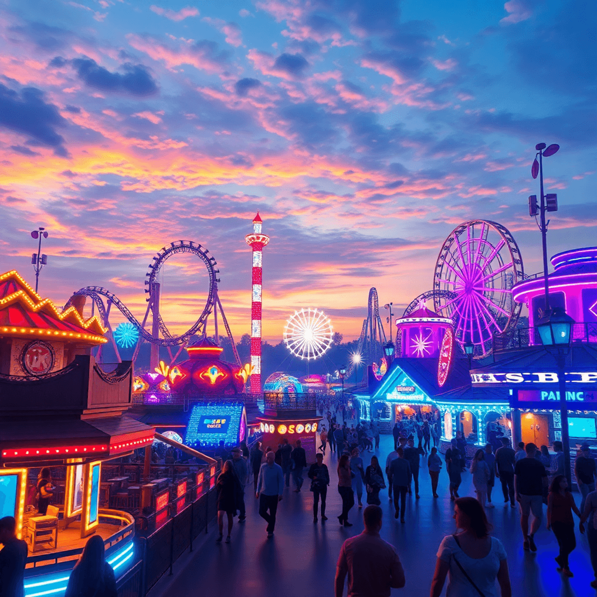 Futuristic amusement park at dusk with glowing holograms, VR elements, roller coasters, and visitors enjoying immersive light effects under a dynam...