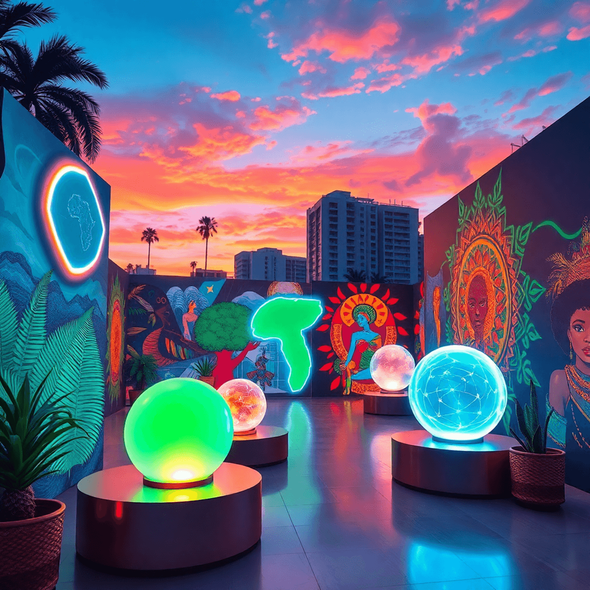 Futuristic art gallery with glowing holograms and colorful murals inspired by African culture, set in a vibrant Miami urban sunset scene.