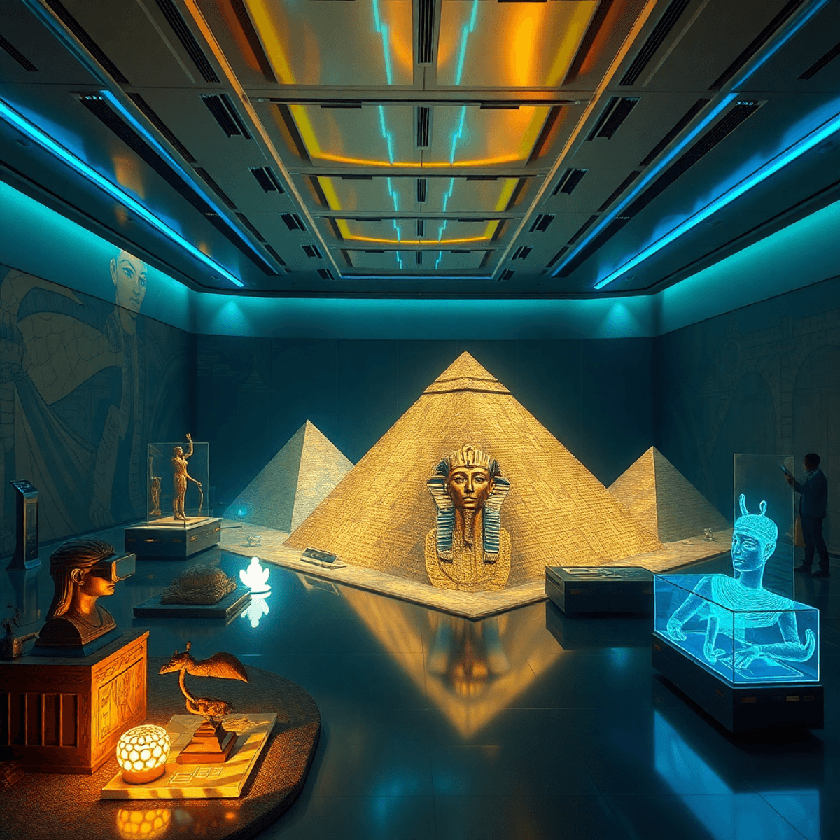 Futuristic museum exhibit with ancient Egyptian pyramids and holograms in a sleek space lit by blue and gold ambient lighting.