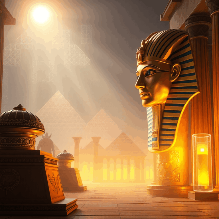 Golden pharaoh’s mask and ornate sarcophagi illuminated by warm light, with digital grids and holograms blending Egyptian pyramids and temple colum...