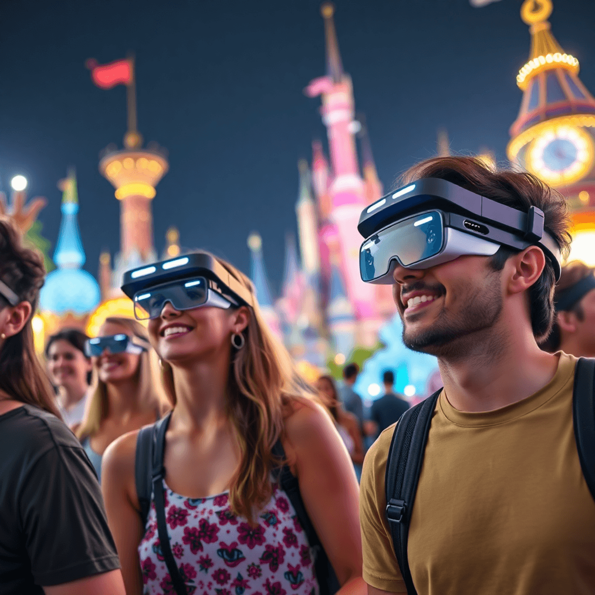 Guests wearing futuristic AR glasses enjoy a vibrant theme park with glowing digital elements enhancing iconic attractions, blending technology and...
