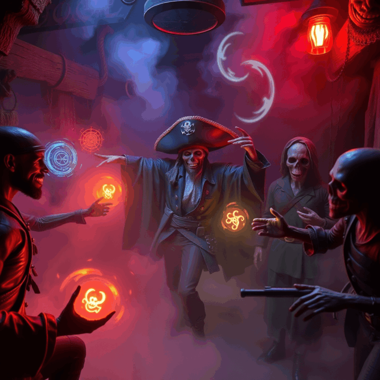 Immersive pirate escape room with animatronic ghost captain, undead crew, glowing magical symbols, foggy coastal setting, blending physical sets an...