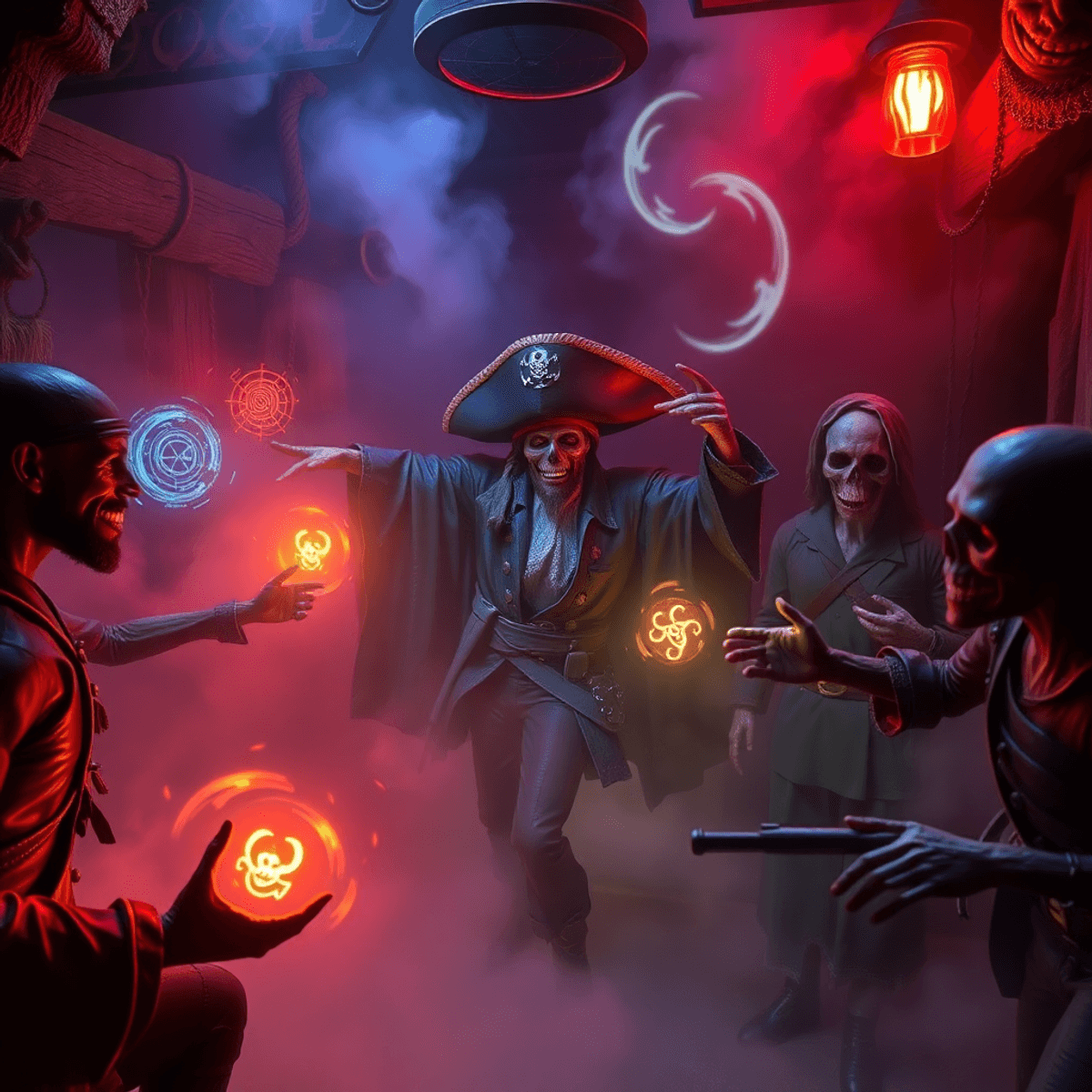 Immersive pirate escape room with animatronic ghost captain, undead crew, glowing magical symbols, foggy coastal setting, blending physical sets an...