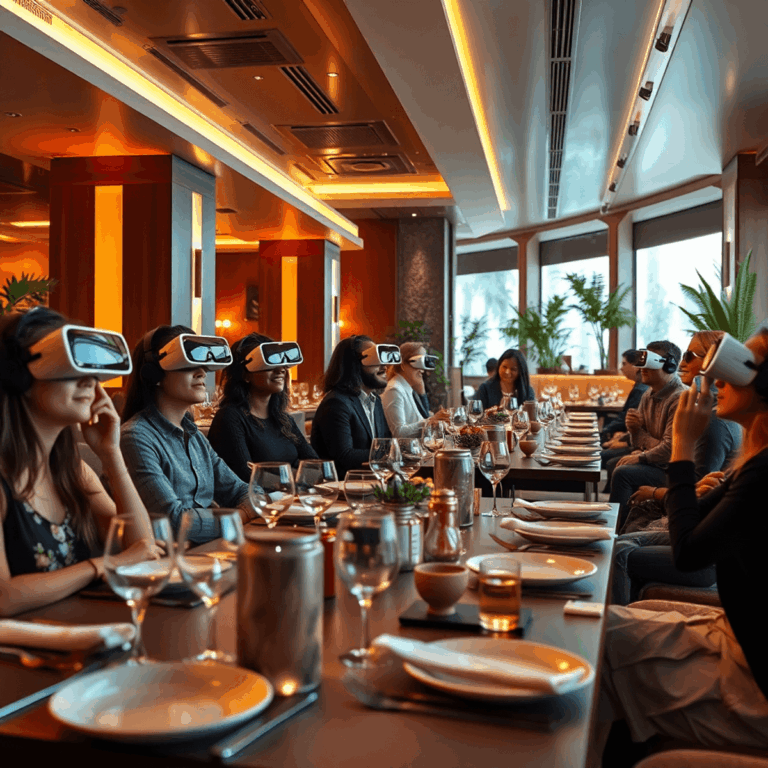 Modern restaurant interior with elegant tables, people wearing sleek VR glasses enjoying a multi-sensory dining experience under warm ambient light...