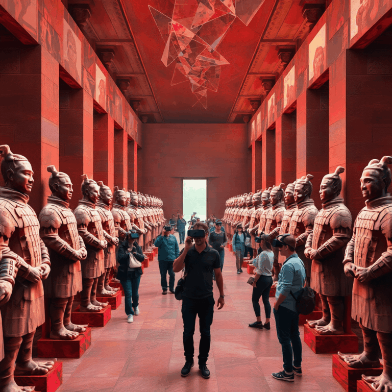 Rows of terracotta warrior statues in an ancient mausoleum with people wearing VR headsets in a free roam VR warehouse with Aruco markers on the wa...