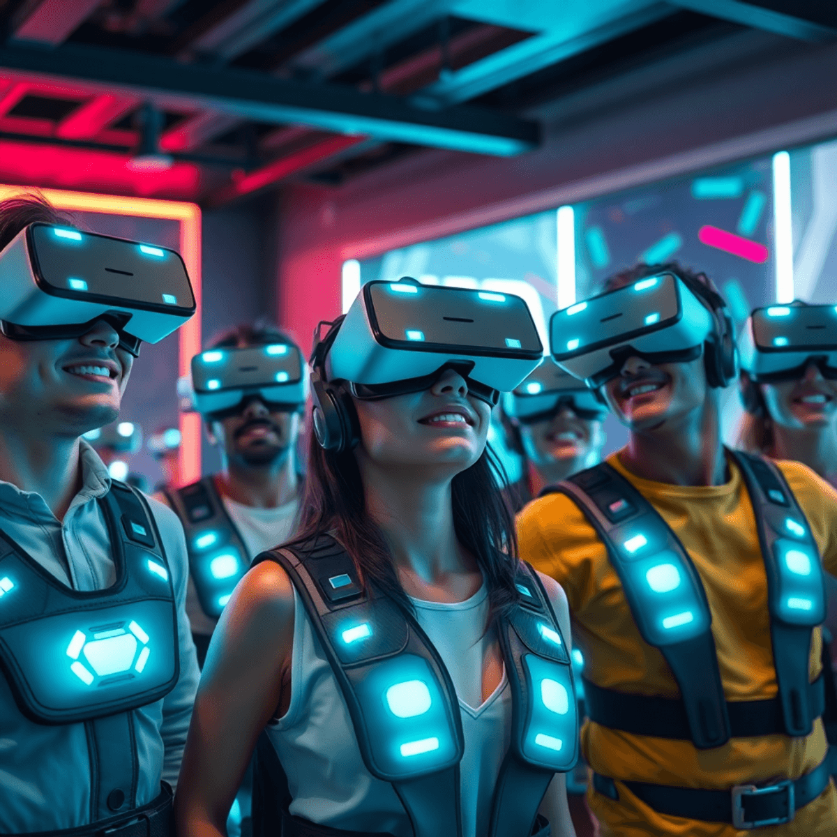 Six people wearing VR headsets and haptic vests, immersed in a futuristic room with glowing sensors and neon lighting.