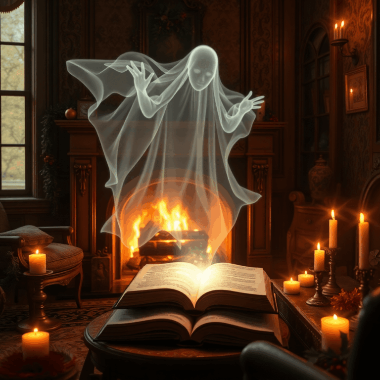 Victorian room with glowing fireplace, ghostly figure above a glowing book, surrounded by holiday decor and subtle digital holographic elements.
