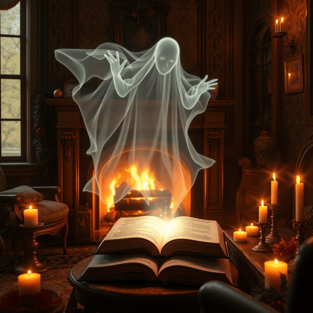 Victorian room with glowing fireplace, ghostly figure above a glowing book, surrounded by holiday decor and subtle digital holographic elements.