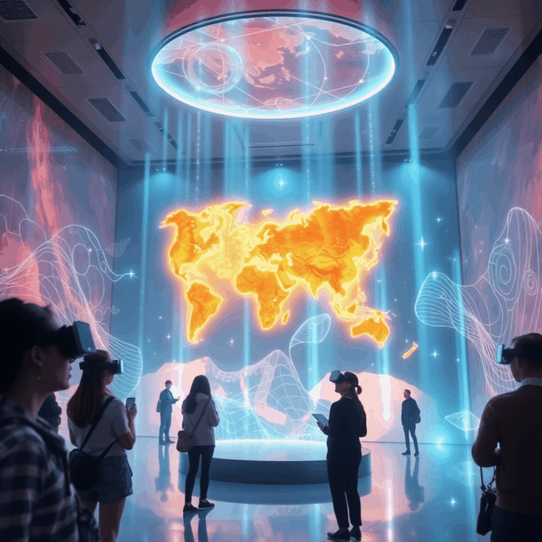 Visitors wearing VR headsets explore a glowing floating ancient Chinese map in a futuristic museum with digital elements and soft light beams.