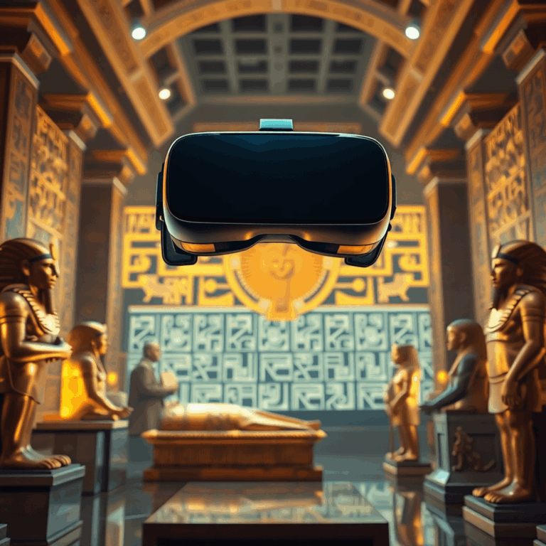 A VR headset floating above golden Egyptian artifacts and glowing hieroglyphs, blending modern technology with ancient culture in a museum scene.