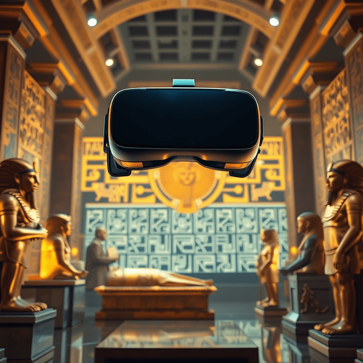 A VR headset floating above golden Egyptian artifacts and glowing hieroglyphs, blending modern technology with ancient culture in a museum scene.
