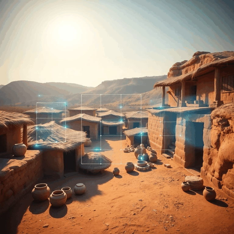 Ancient Harappan village with mud-brick houses and pottery, overlaid by a translucent futuristic virtual reality grid under a clear sky.