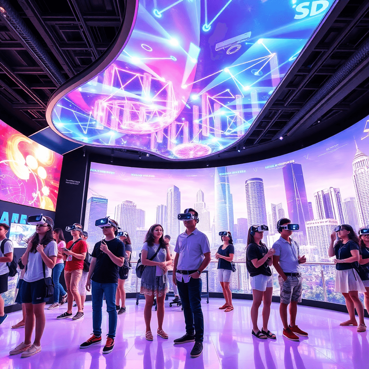 Futuristic VR entertainment center with holographic displays, glowing 5D lights, visitors wearing VR headsets, set against a modern cityscape backd...