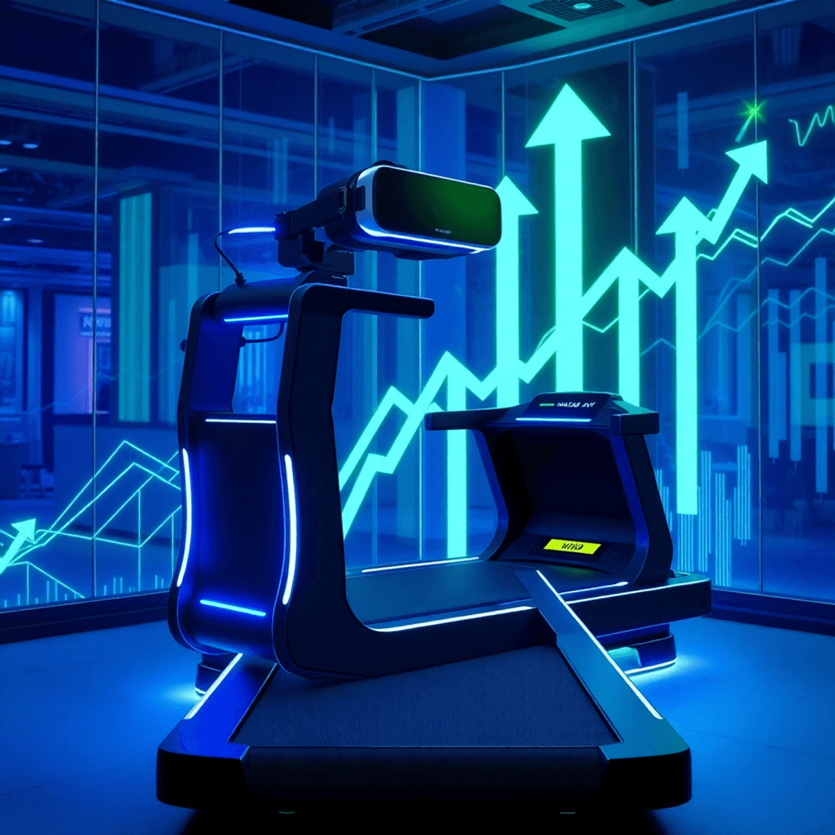 Futuristic VR treadmill glowing blue and green with abstract arrows and digital lines in a modern tech setting, symbolizing innovation and stock ma...