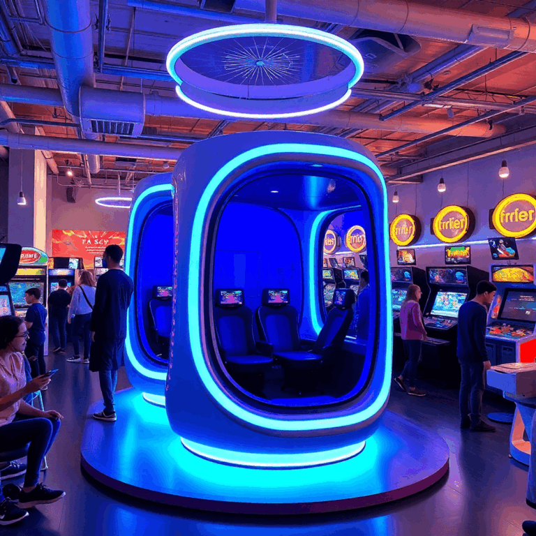 Futuristic gaming arcade with glowing VR pods, retro arcade machines, and vibrant lighting, filled with people enjoying immersive gaming experiences.
