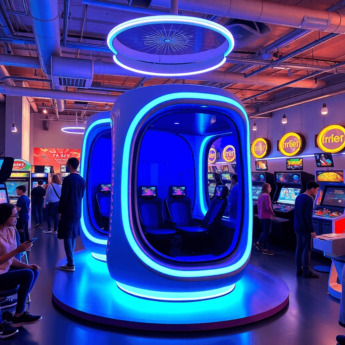 Futuristic gaming arcade with glowing VR pods, retro arcade machines, and vibrant lighting, filled with people enjoying immersive gaming experiences.