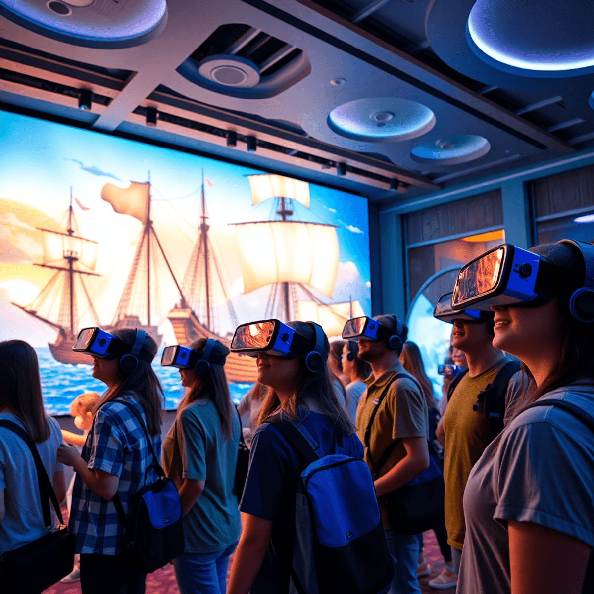 People wearing VR headsets in a vibrant futuristic entertainment space with dynamic lighting and abstract historic ship and game visuals.
