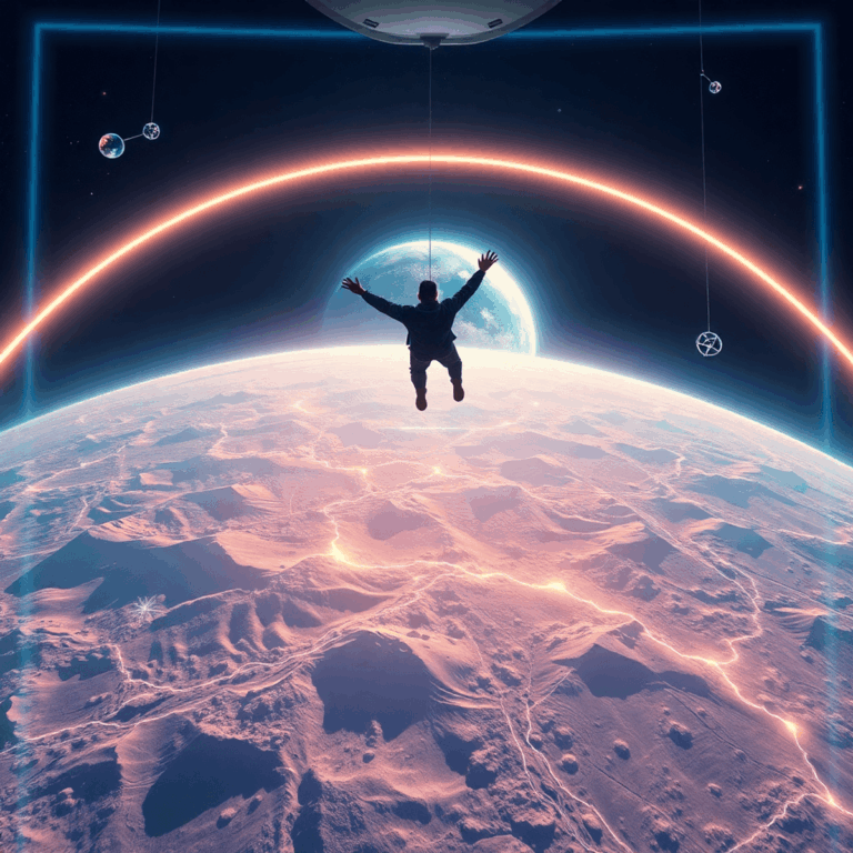 Person in a futuristic flight simulator soaring over a glowing 3D lunar landscape with Earth in the background and digital elements floating around.