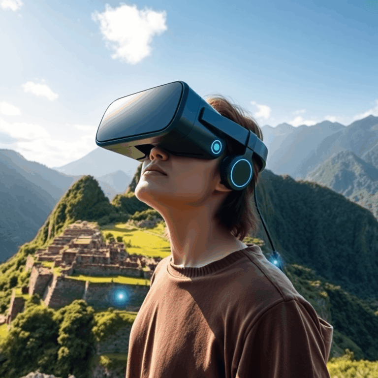 Person wearing a sleek VR headset exploring a detailed 3D Machu Picchu with lush mountains and glowing effects under a clear sky.
