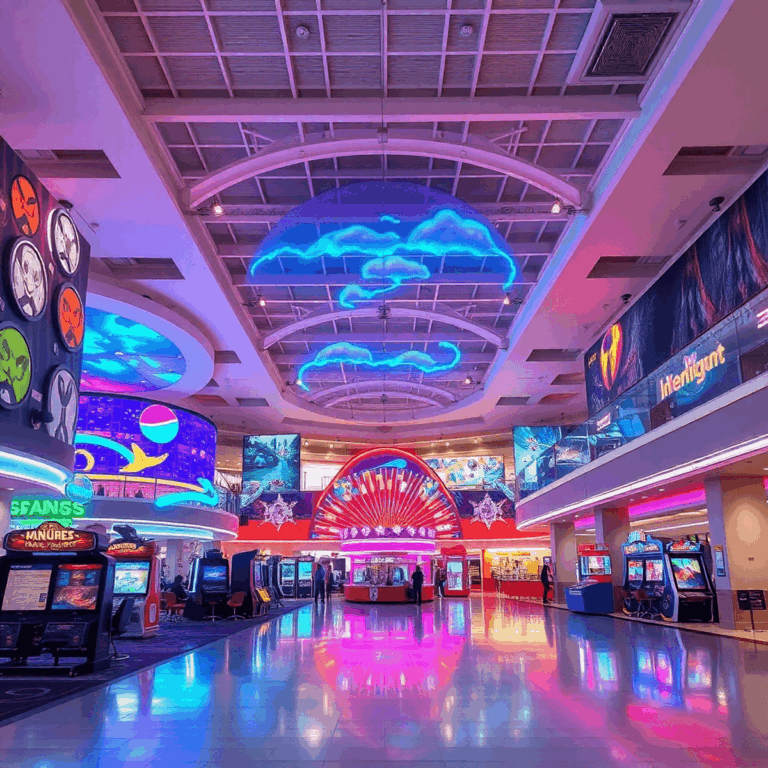 Spacious modern indoor entertainment venue with vibrant lights and interactive gaming areas, empty and quiet, evoking nostalgia and change in a mal...