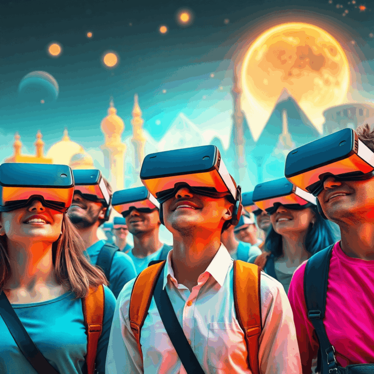 Travelers wearing sleek VR headsets explore glowing landscapes blending natural landmarks with futuristic digital elements, evoking excitement and ...