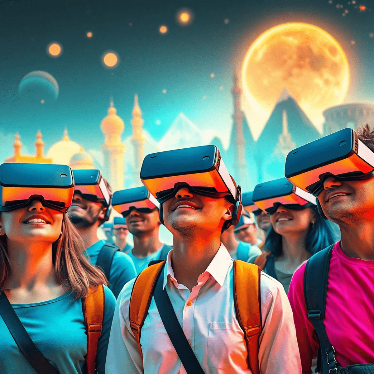 Travelers wearing sleek VR headsets explore glowing landscapes blending natural landmarks with futuristic digital elements, evoking excitement and ...