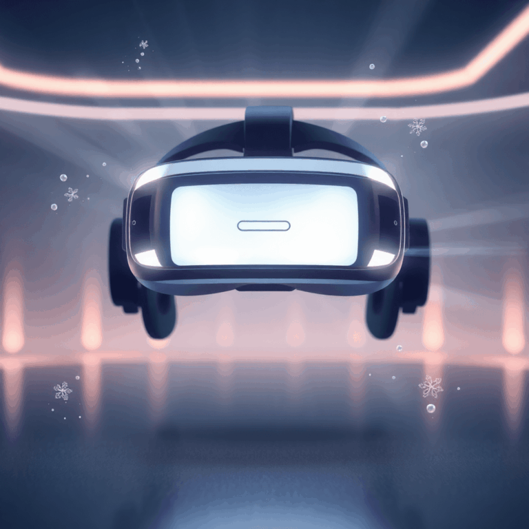 A futuristic VR headset glowing softly with sparkling particles and light rays, set against a sleek, modern background symbolizing advanced tech an...