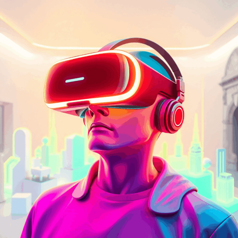 A futuristic VR headset glowing with neon lights, surrounded by abstract 3D shapes and digital environments, set against a sleek modern background ...