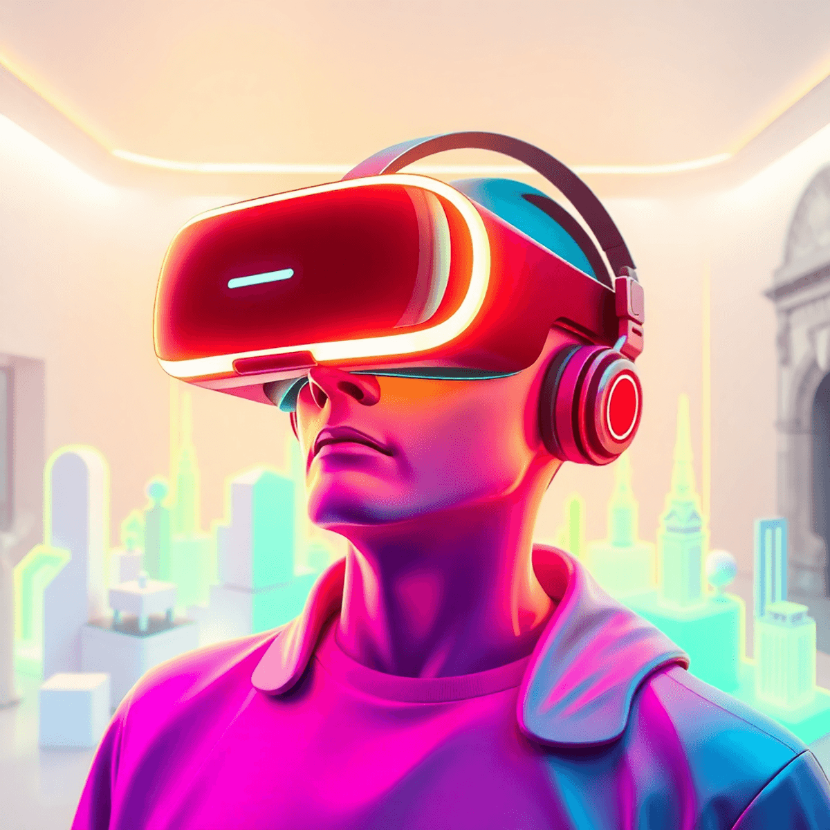 A futuristic VR headset glowing with neon lights, surrounded by abstract 3D shapes and digital environments, set against a sleek modern background ...
