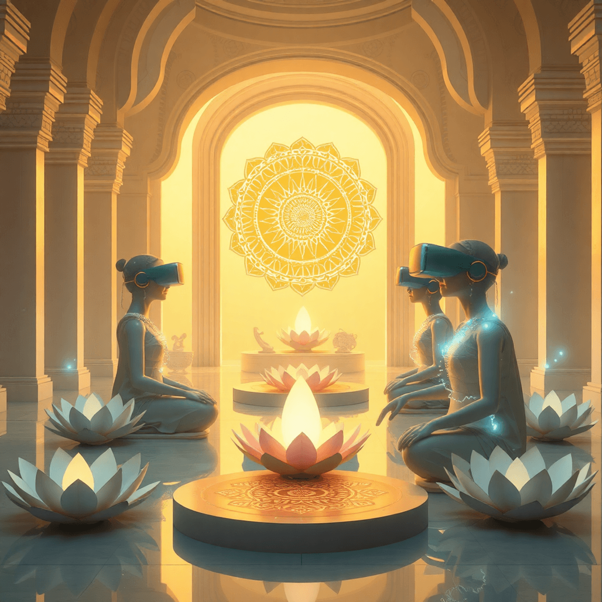 A futuristic temple blending traditional lotus and mandalas with VR headsets and holographic avatars, bathed in soft golden light and digital eleme...