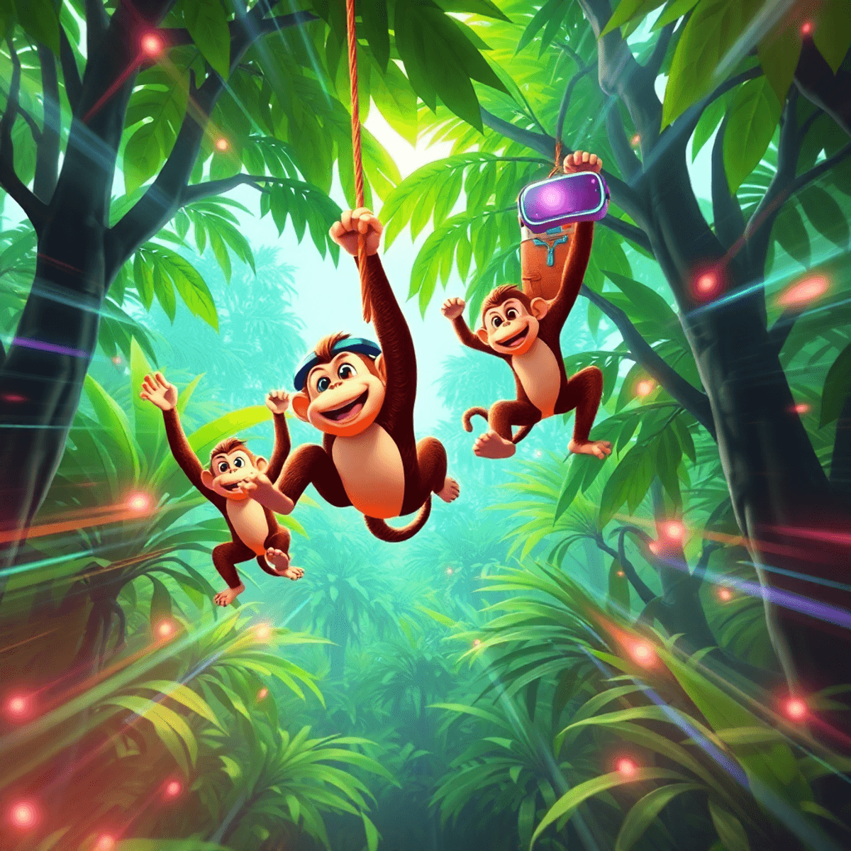A vibrant jungle VR scene with playful monkeys swinging through lush trees, dynamic motion trails, and glowing headset elements in a colorful arcad...