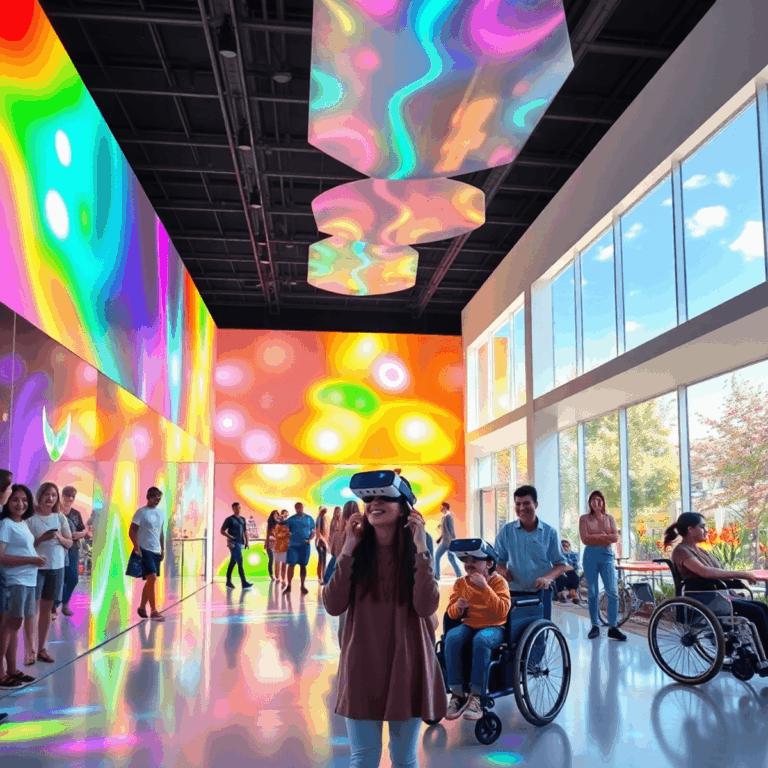 Bright sensory activity center with colorful light installations, interactive mirrors, people enjoying VR, tactile panels, accessible spaces, and a...