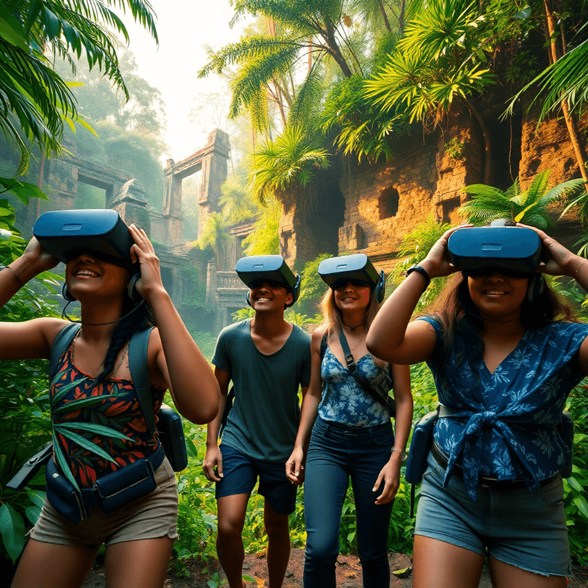 Four players wearing VR headsets explore a lush virtual jungle with ancient ruins, showcasing teamwork and adventure in a realistic, action-packed ...