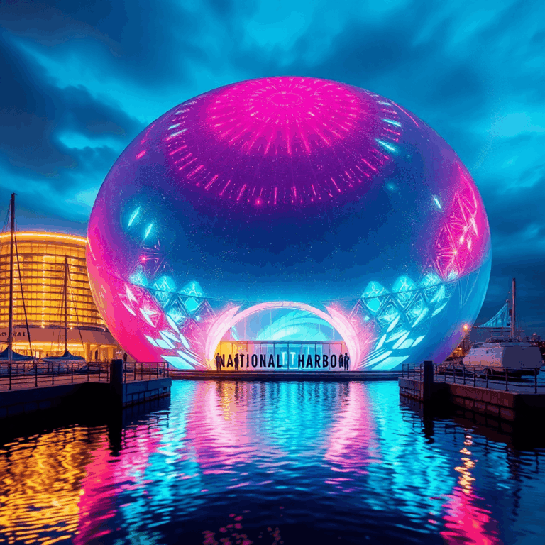 Futuristic dome theater with vibrant LED lights by a waterfront, featuring abstract sound waves and vibrations symbolizing advanced immersive techn...