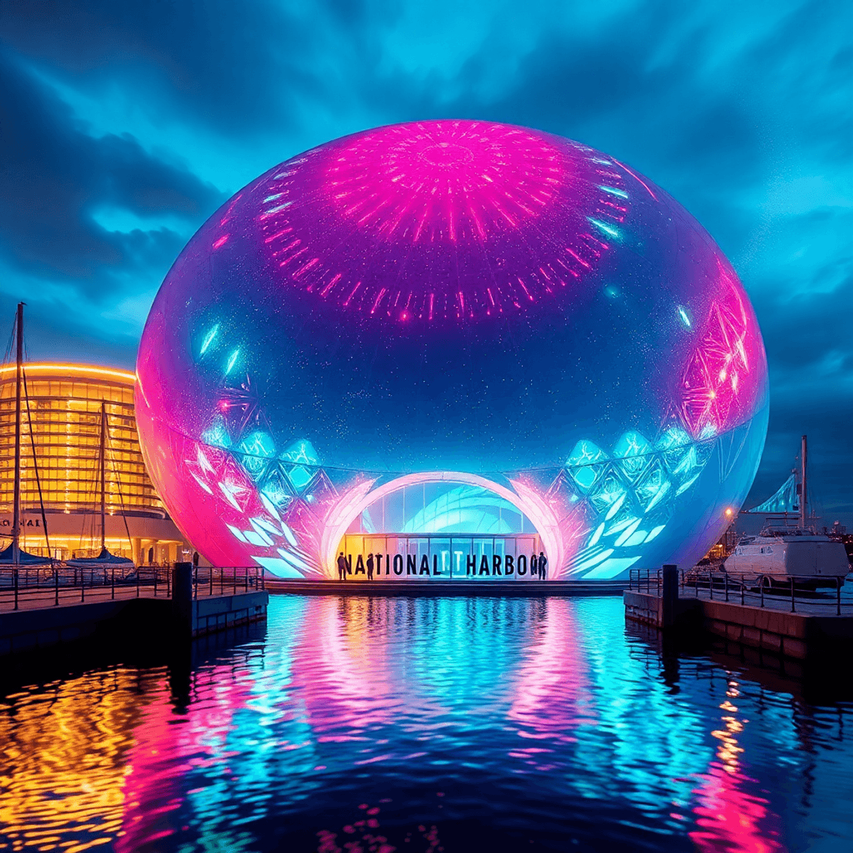 Futuristic dome theater with vibrant LED lights by a waterfront, featuring abstract sound waves and vibrations symbolizing advanced immersive techn...