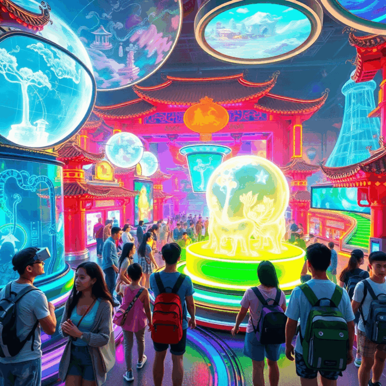 Futuristic theme park with glowing holograms, VR experiences, motion rides, and traditional Chinese elements blending technology and culture in a d...