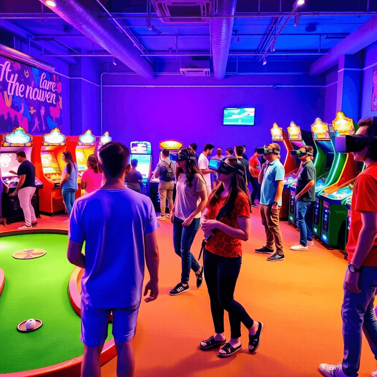Indoor entertainment center with people playing mini golf, neon-lit arcade games, and others using VR headsets in a vibrant, modern space.