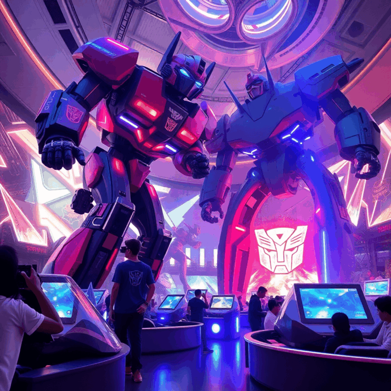 Indoor theme park with futuristic VR rides inspired by giant robots battling, vibrant lights, and immersive tech in a Transformers-themed setting.