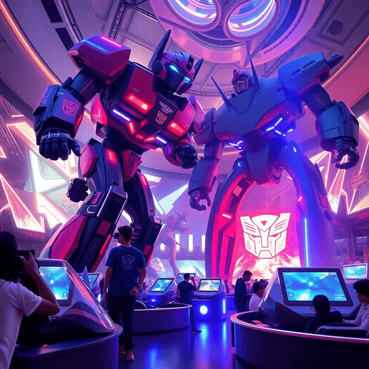 Indoor theme park with futuristic VR rides inspired by giant robots battling, vibrant lights, and immersive tech in a Transformers-themed setting.