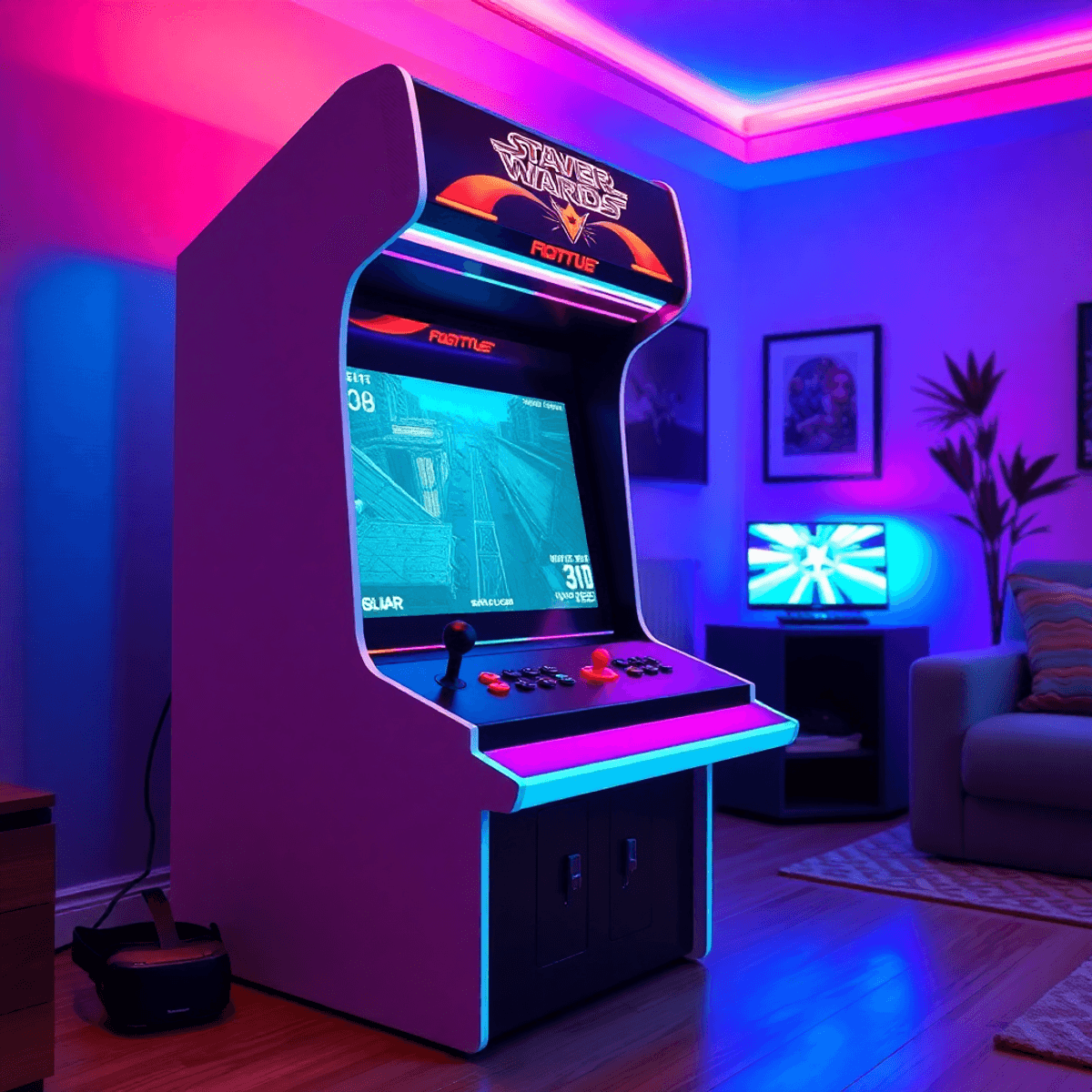Modern home arcade with sleek mixed reality VR cabinet, dual joysticks, VR headset, vibrant ambient lighting, and cozy multiplayer gaming atmosphere.
