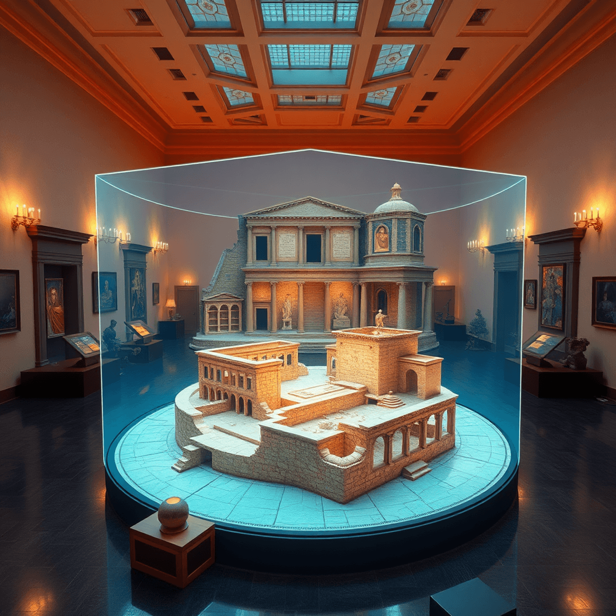 Museum interior showcasing ancient Roman ruins with a 3D holographic Roman villa and industrial complex, surrounded by classical artifacts and ambi...