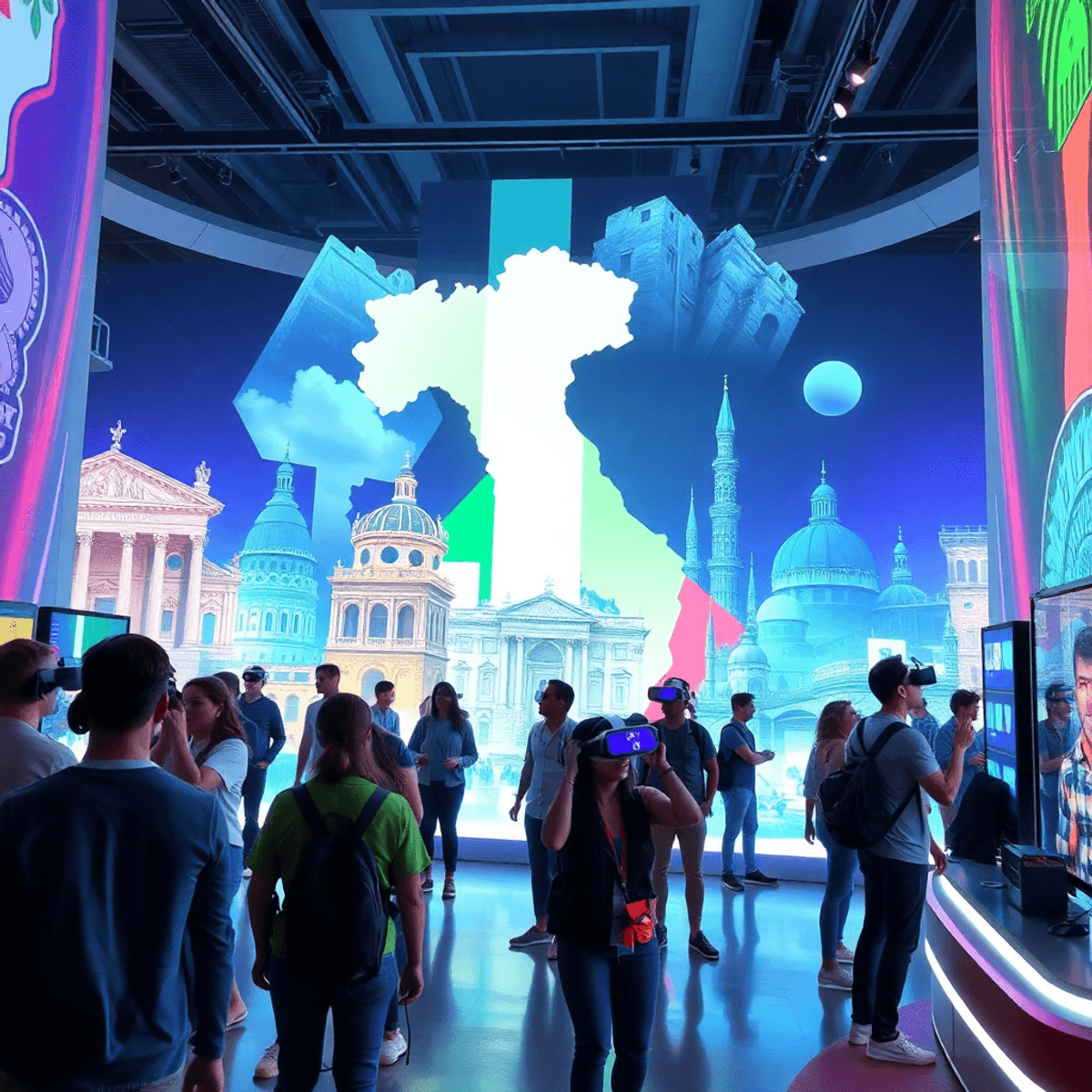 People enjoying immersive VR in a vibrant arcade with abstract digital Italian architecture in the background, blending technology and culture.