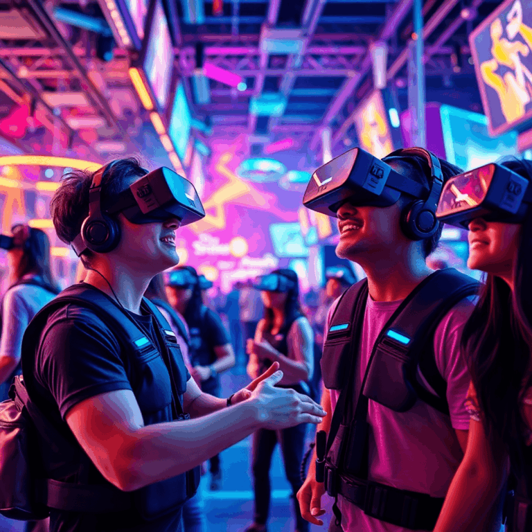 People wearing VR headsets and haptic vests play energetically in a colorful, futuristic arcade filled with glowing lights and digital effects.
