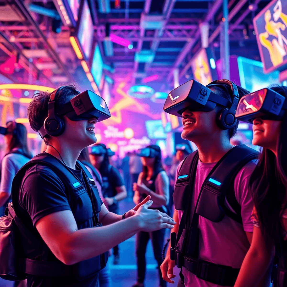 People wearing VR headsets and haptic vests play energetically in a colorful, futuristic arcade filled with glowing lights and digital effects.