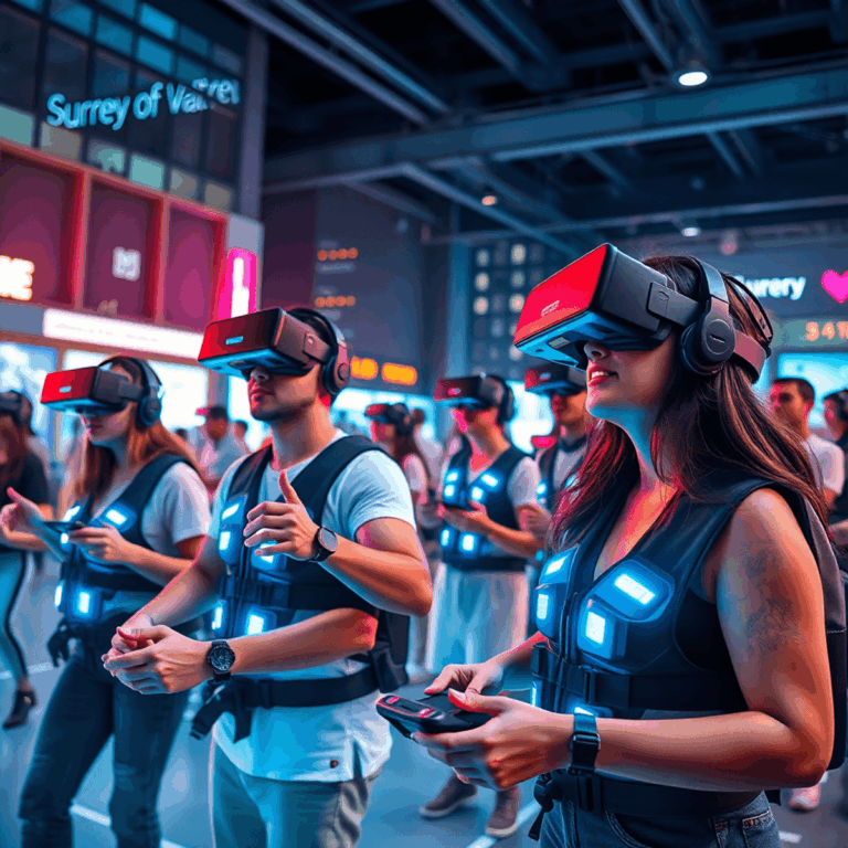 Players in advanced VR gear engage in a vibrant, high-tech gaming scene with glowing digital effects and a modern urban backdrop.